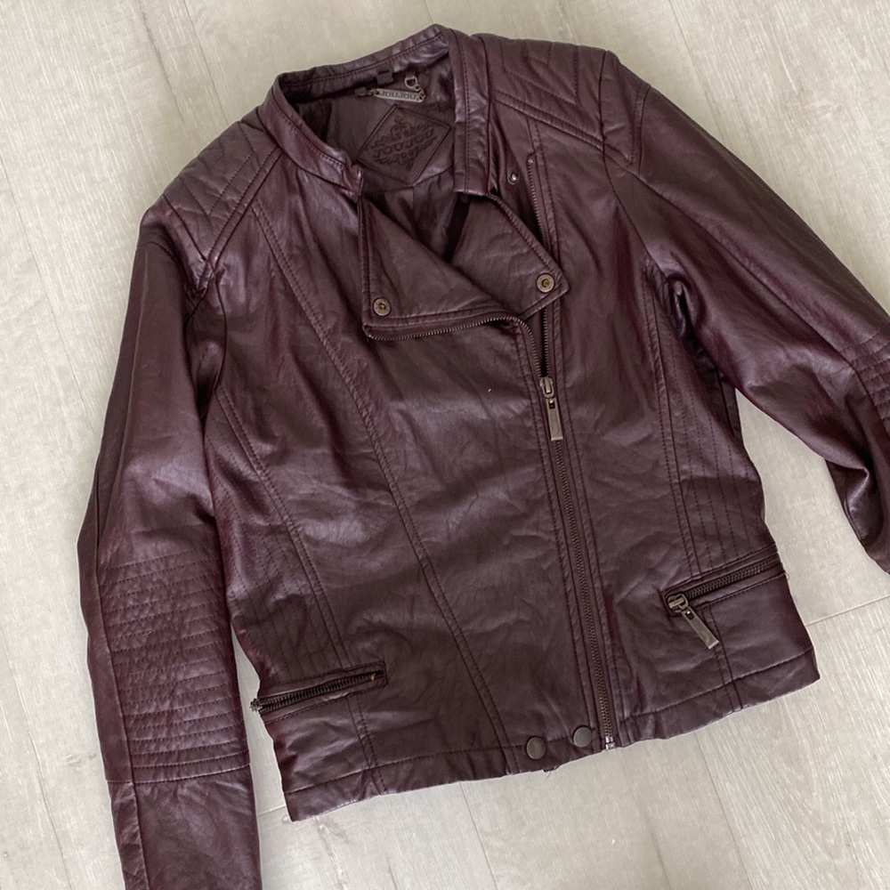 Jou Jou Women's Burgundy Leather Moto Jacket